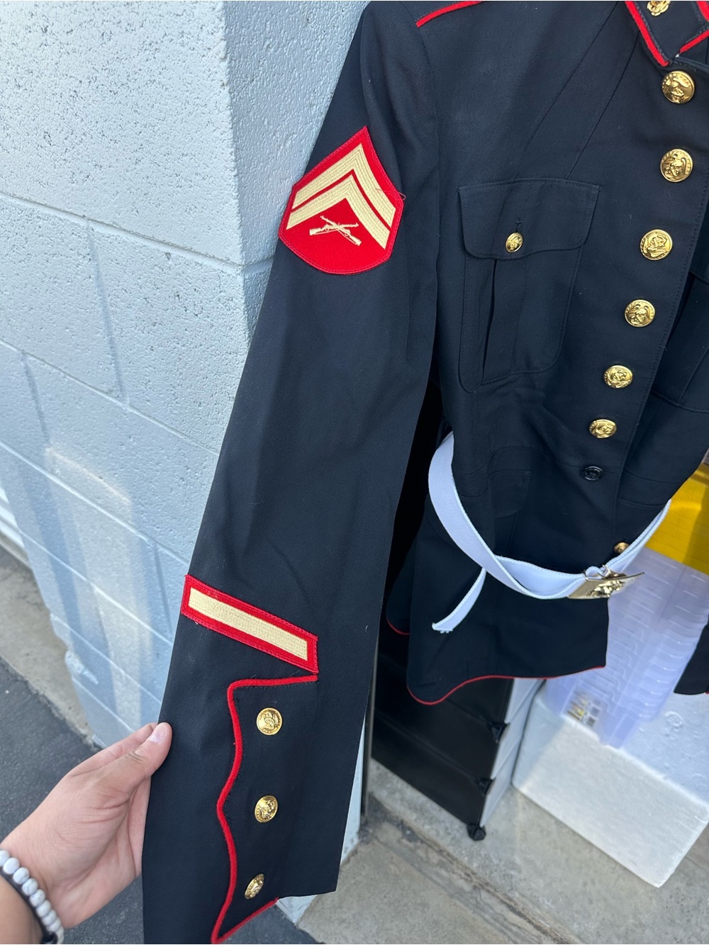 Men's Military-Style Black Dress Coat with Red Trim - Picture 6 of 16